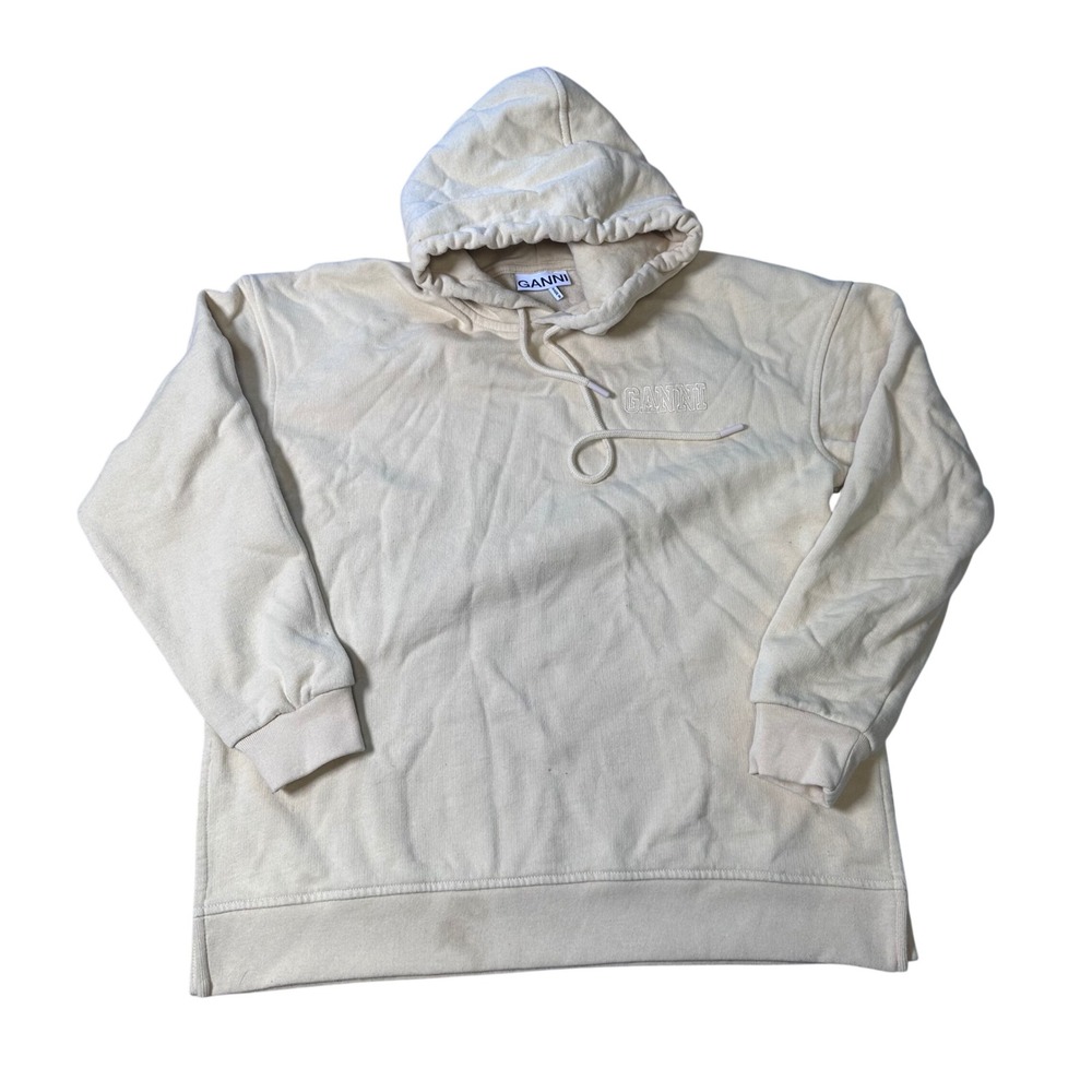 Ganni Software Isoli Hoodie Pale Yellow Cream Embroidered Logo Mens S Small